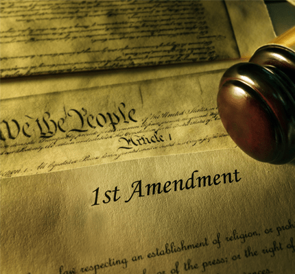 First Amendment of the US Constitution with court gavel